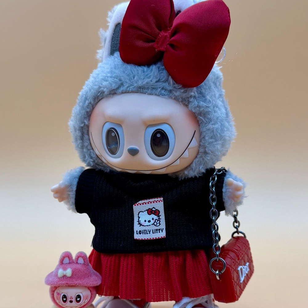 Custom Labubu  Plush Doll with Red Bow and Bag